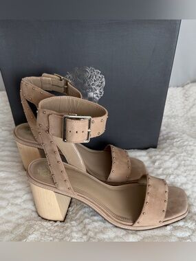 Vince Camuto Shyremin Nude/Taupe Studded Ankle-Strap Block Heel Sandals
